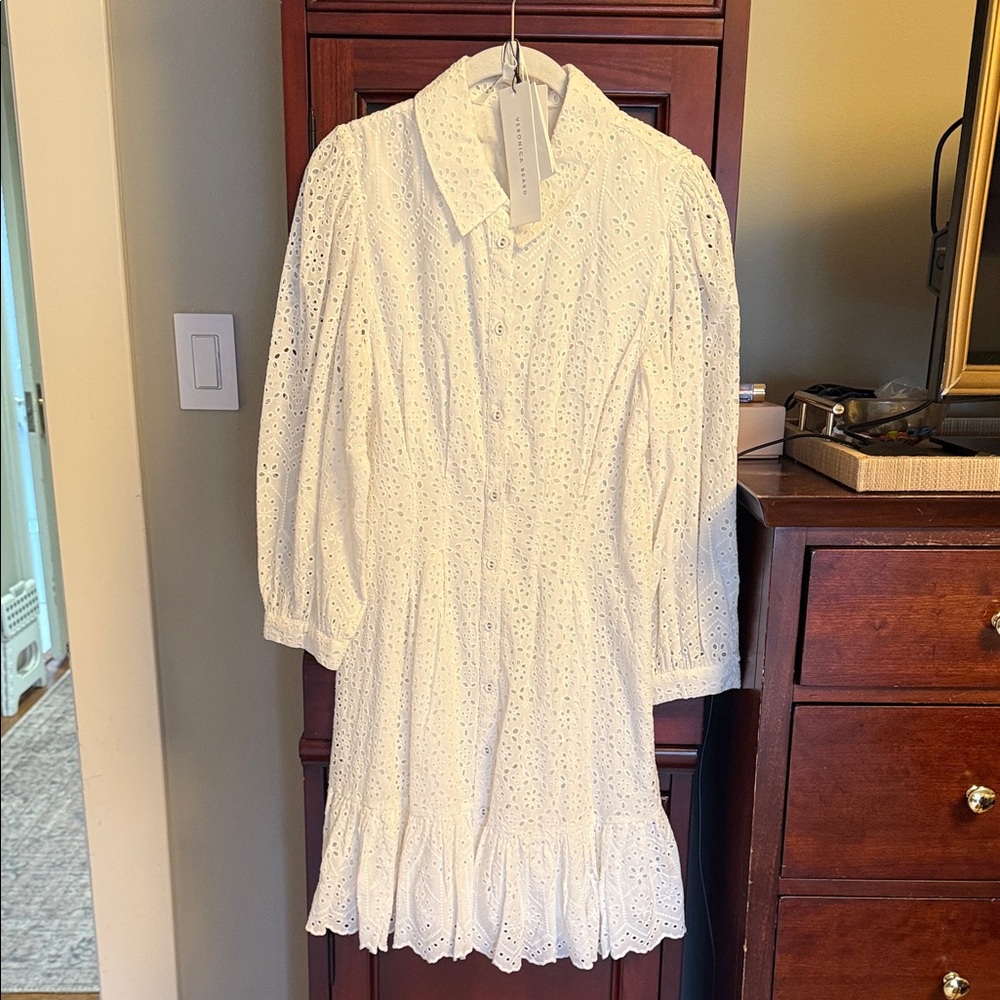 Veronica Beard White Long Sleeve Eyelet Dress